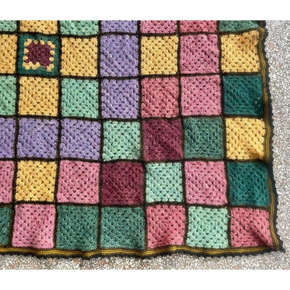 Vintage Granny Square Afghan squares blanket throw Mustard Pink Green Black Purp - Picture 2 of 10
